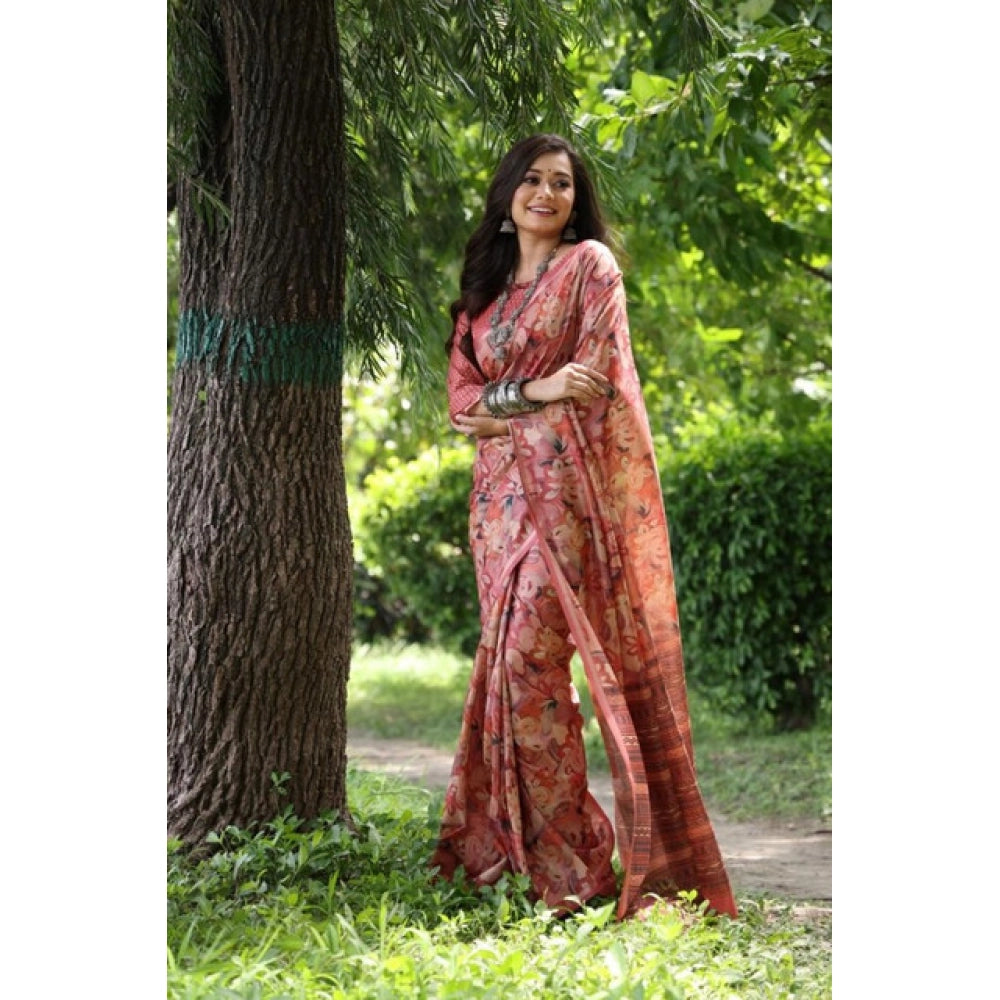 Women's Faux_Tussar_Silk Abstract_Print Saree With Unstitched Blouse 5.5Mtr (Peach)