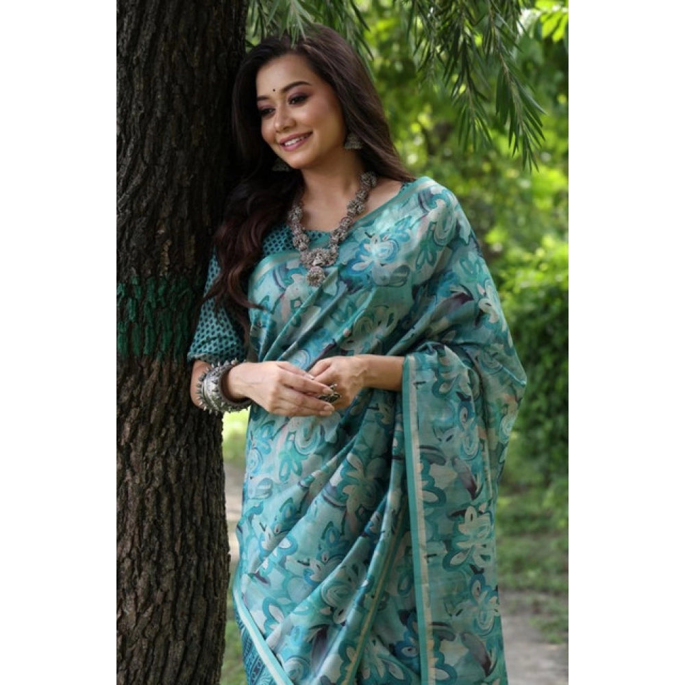 Women's Faux_Tussar_Silk Abstract_Print Saree With Unstitched Blouse 5.5Mtr (Sea_Green)
