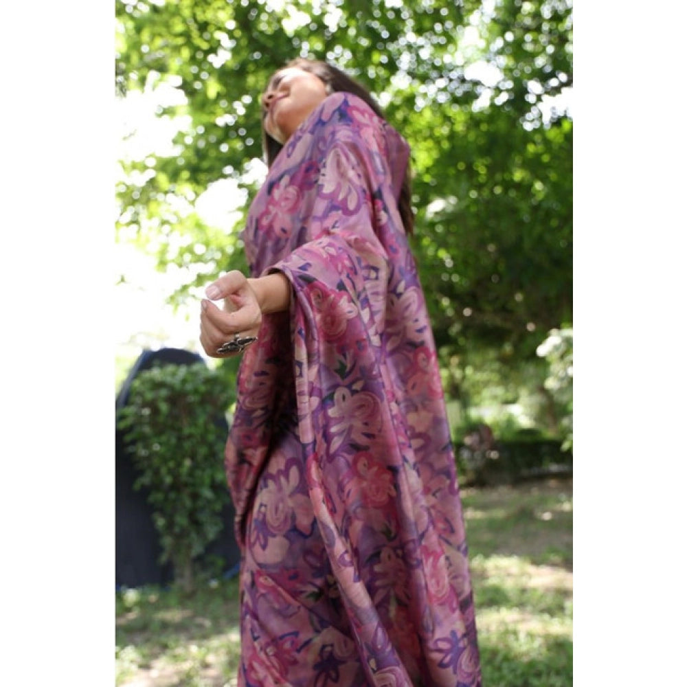Women's Faux_Tussar_Silk Abstract_Print Saree With Unstitched Blouse 5.5Mtr (Purple)