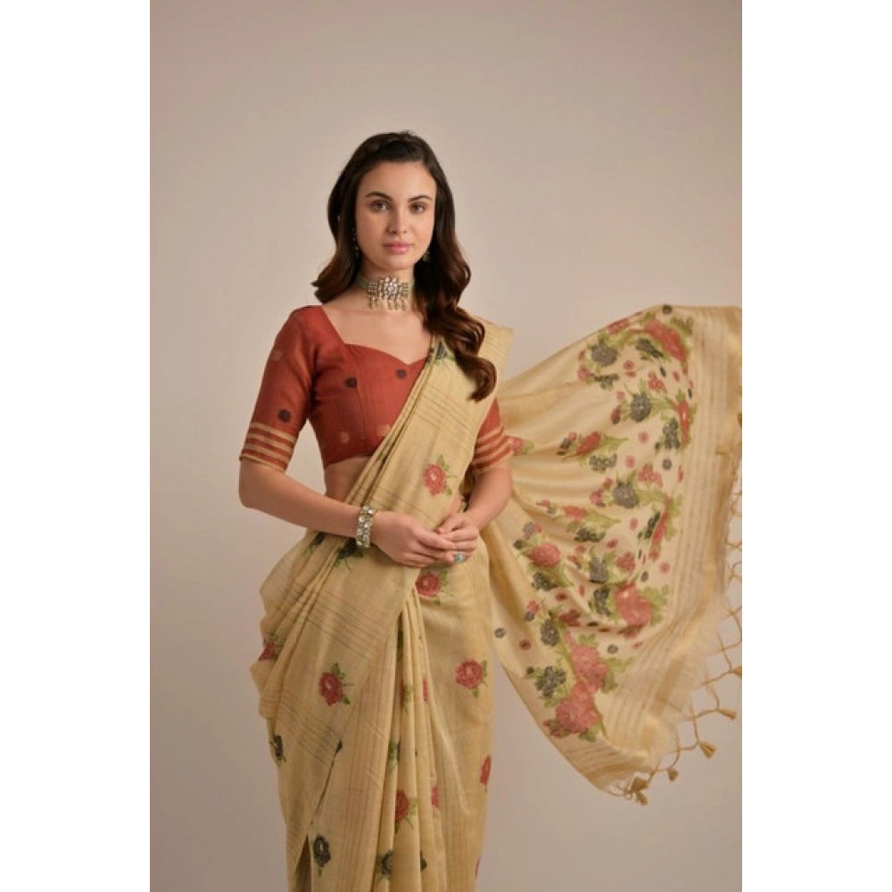 Women's Blended_Cotton Floral Motifs And Woven Buttas Saree With Unstitched Blouse 5.5Mtr (Light_Beige)