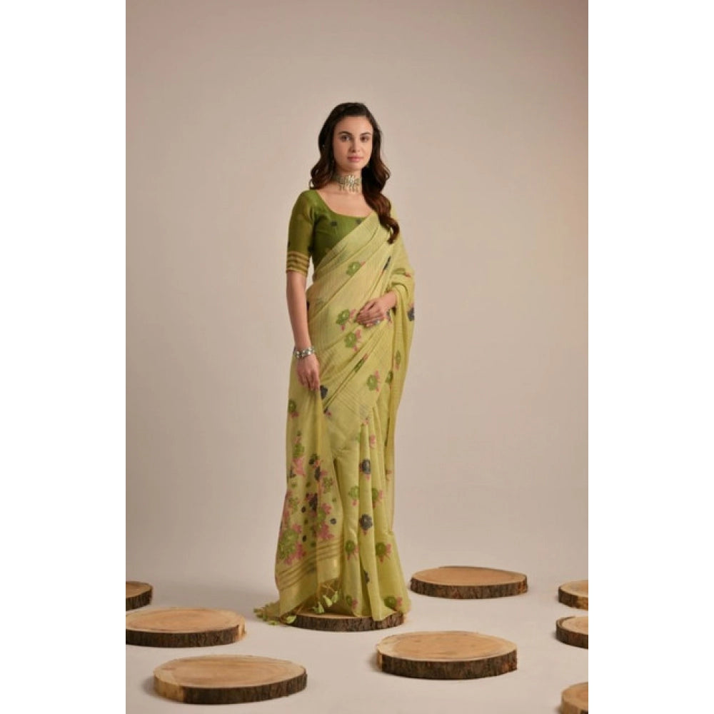 Women's Blended_Cotton Floral Motifs And Woven Buttas Saree With Unstitched Blouse 5.5Mtr (Light_Green)