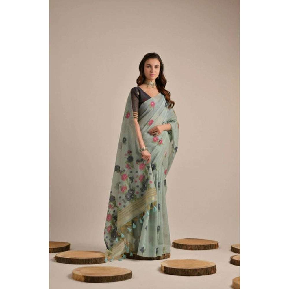 Women's Blended_Cotton Floral Motifs And Woven Buttas Saree With Unstitched Blouse 5.5Mtr (Teal)