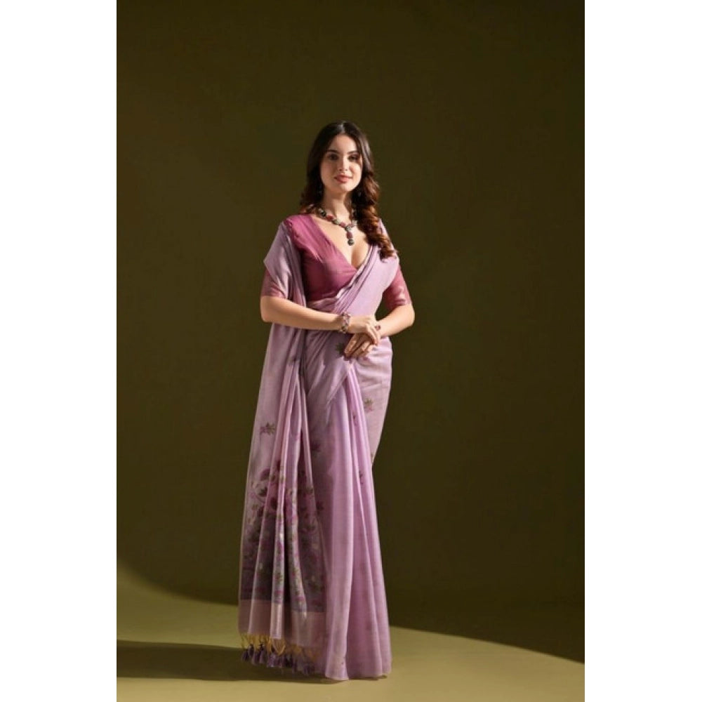 Women's Blended_Cotton Floral Saree With Unstitched Blouse 5.5Mtr (Lavender)