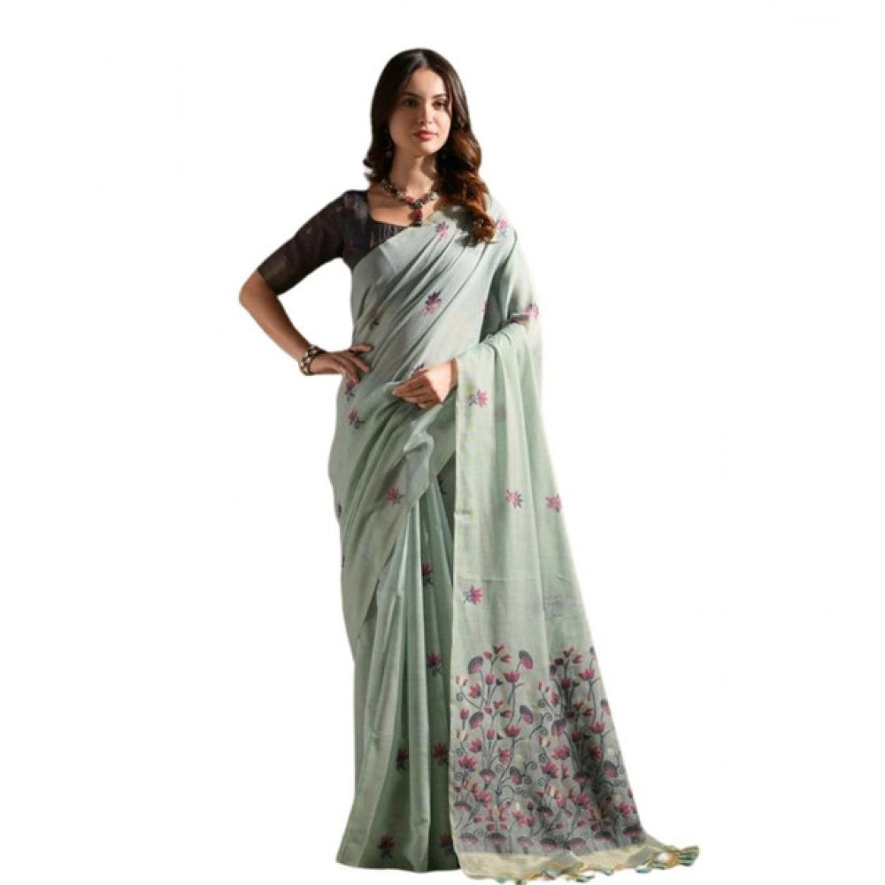 Women's Blended_Cotton Floral Saree With Unstitched Blouse 5.5Mtr (Aqua_Blue)
