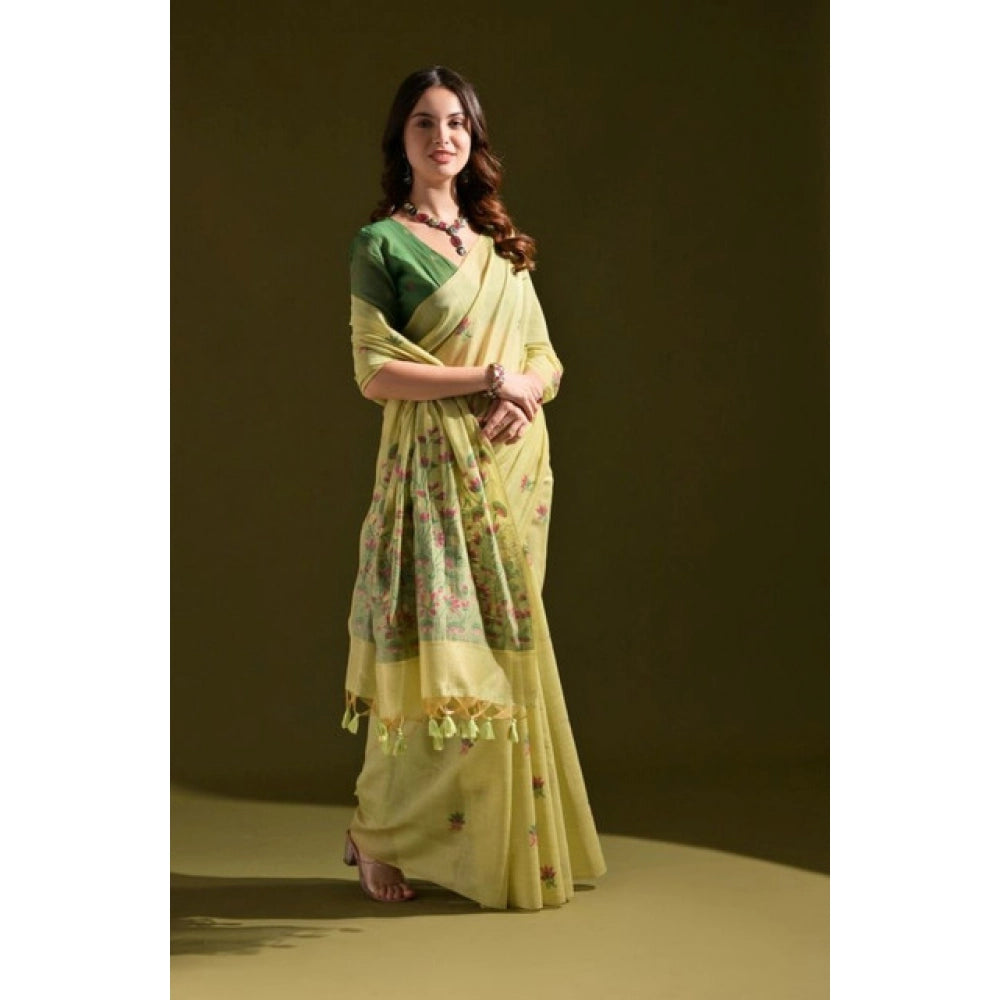 Women's Blended_Cotton Floral Saree With Unstitched Blouse 5.5Mtr (Light_Green)