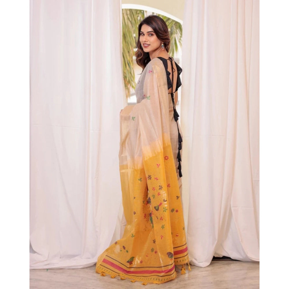 Women's Blended_Cotton Woven_Motifs Saree With Unstitched Blouse 5.5Mtr (Yellow)