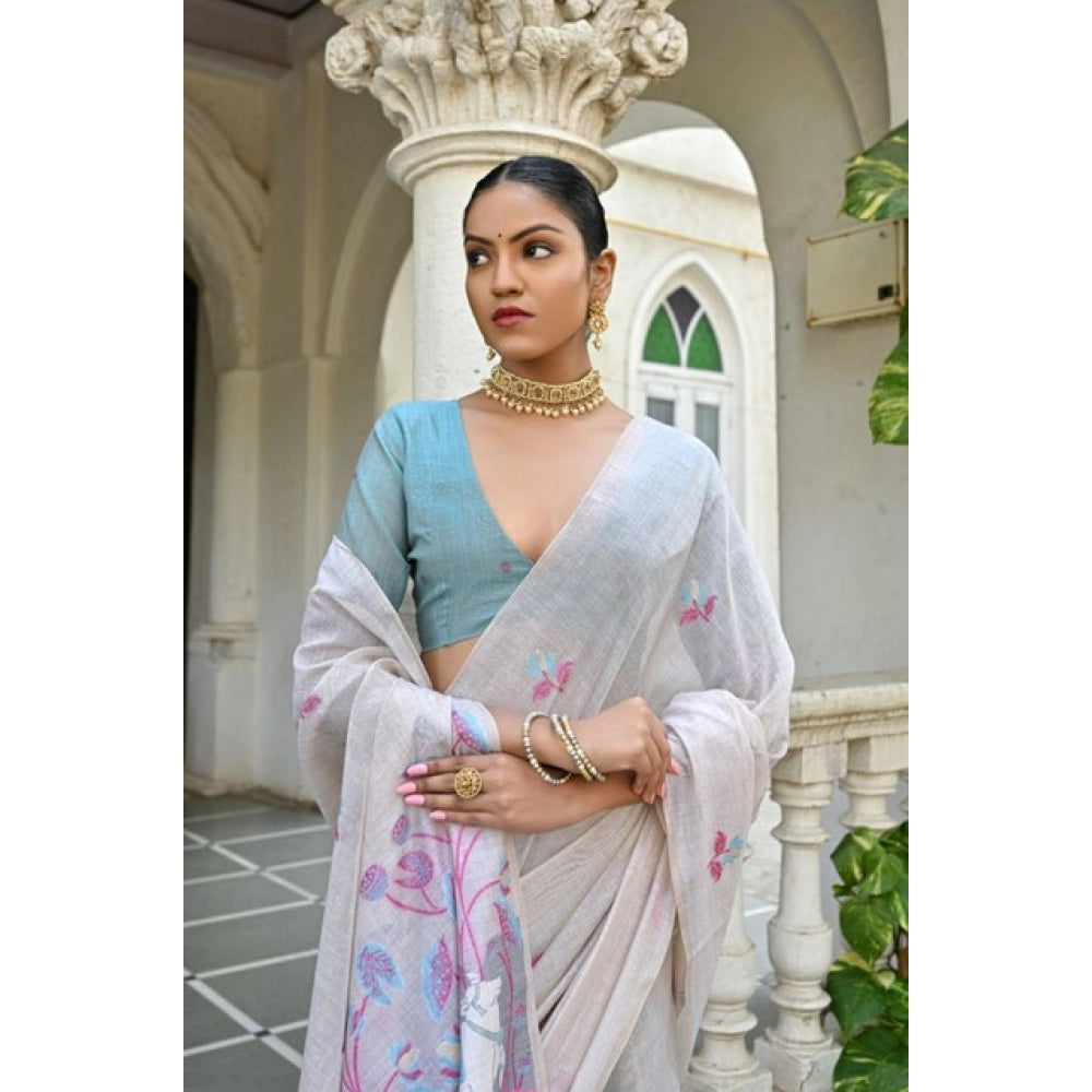 Women's Blended_Cotton Floral Weaving Pattern Saree With Unstitched Blouse 5.5Mtr (Pink)