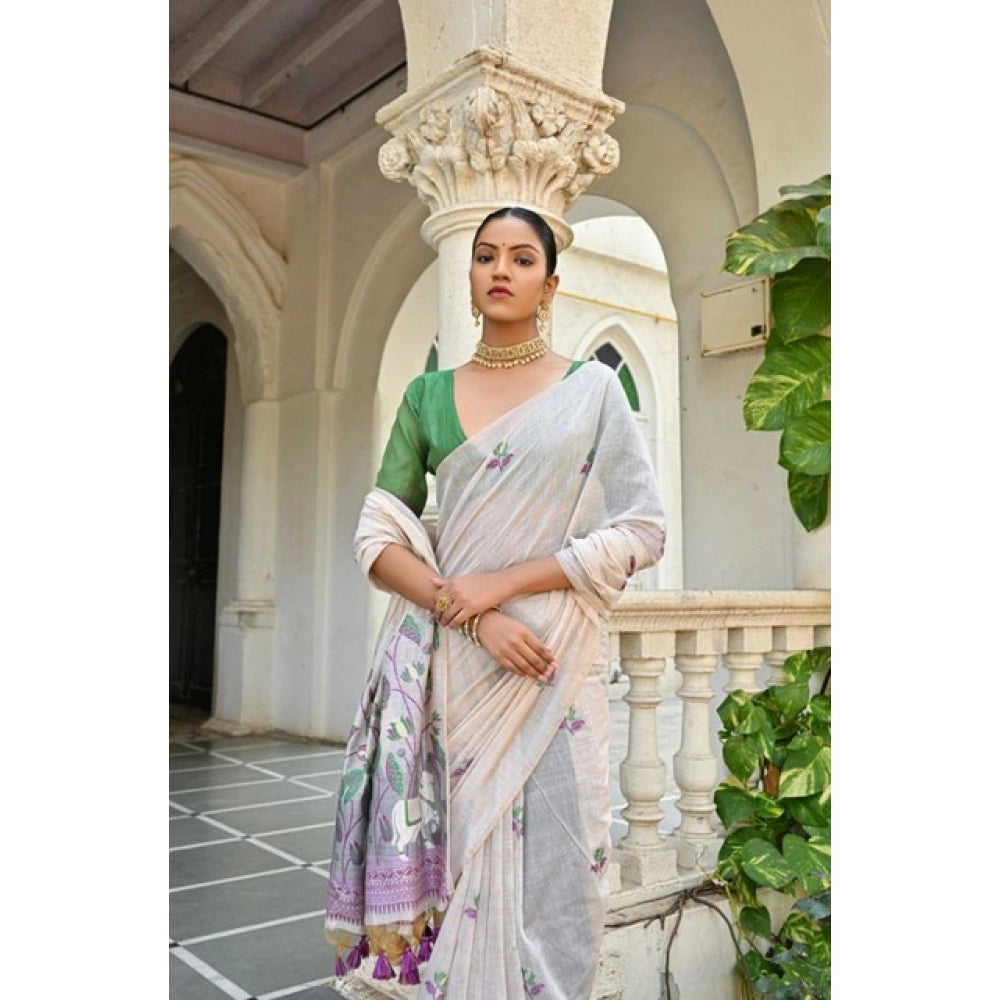 Women's Blended_Cotton Floral Weaving Pattern Saree With Unstitched Blouse 5.5Mtr (Purple)