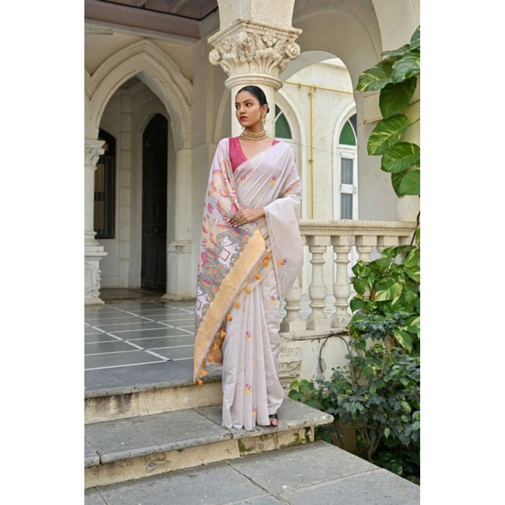 Women's Blended_Cotton Floral Weaving Pattern Saree With Unstitched Blouse 5.5Mtr (Yellow)