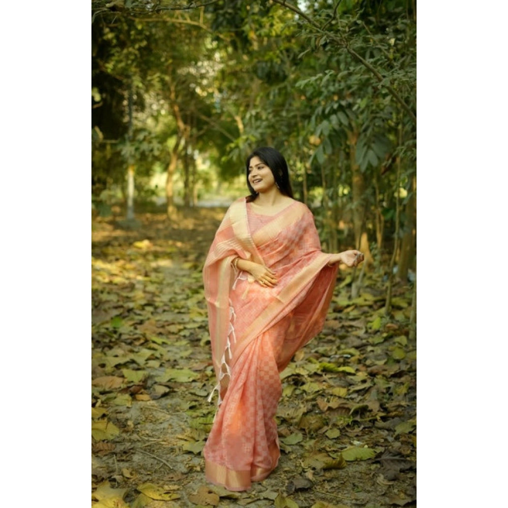 Women's Silk_Blend Checked Saree With Unstitched Blouse 5.5Mtr (Peach)