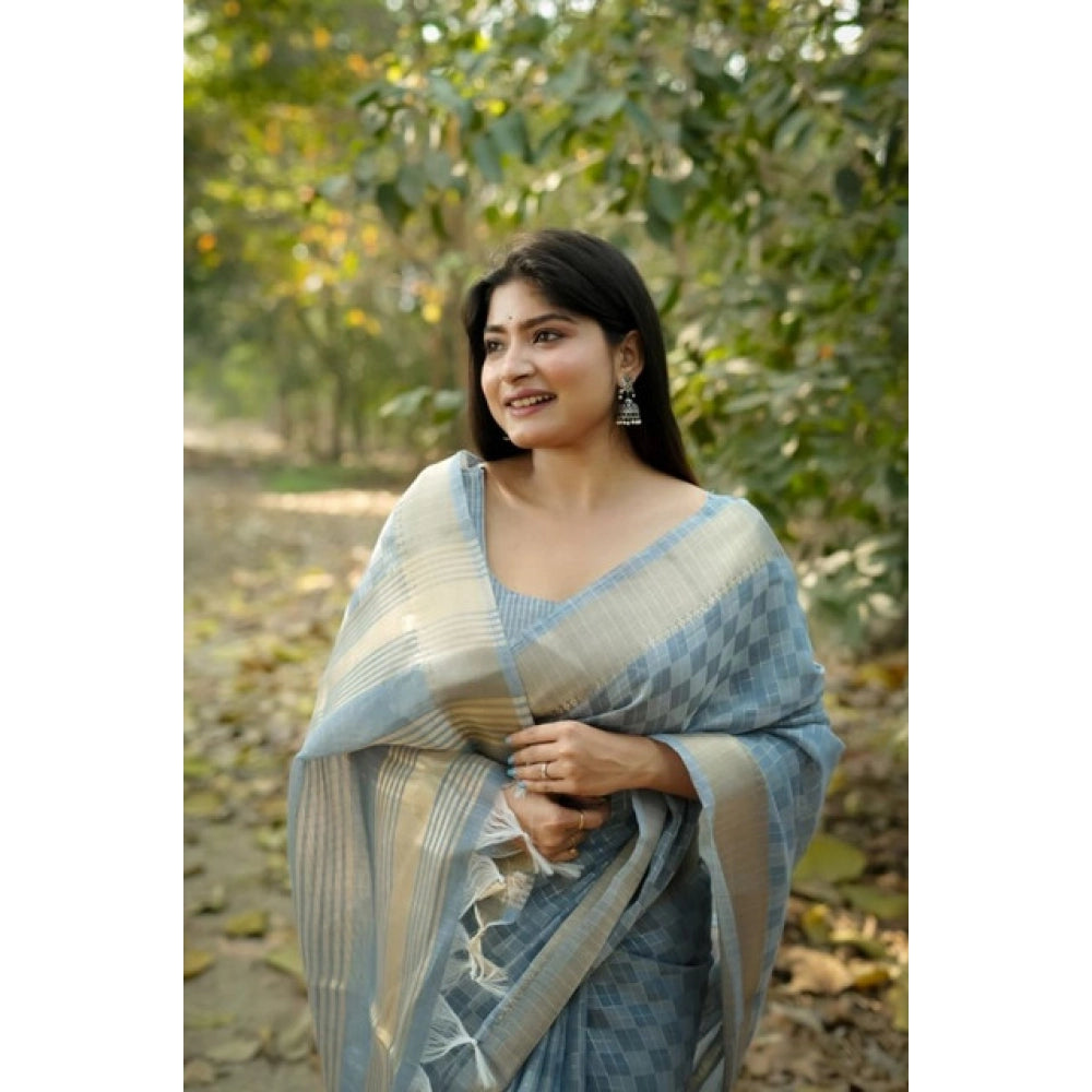 Women's Silk_Blend Checked Saree With Unstitched Blouse 5.5Mtr (Sky_Blue)