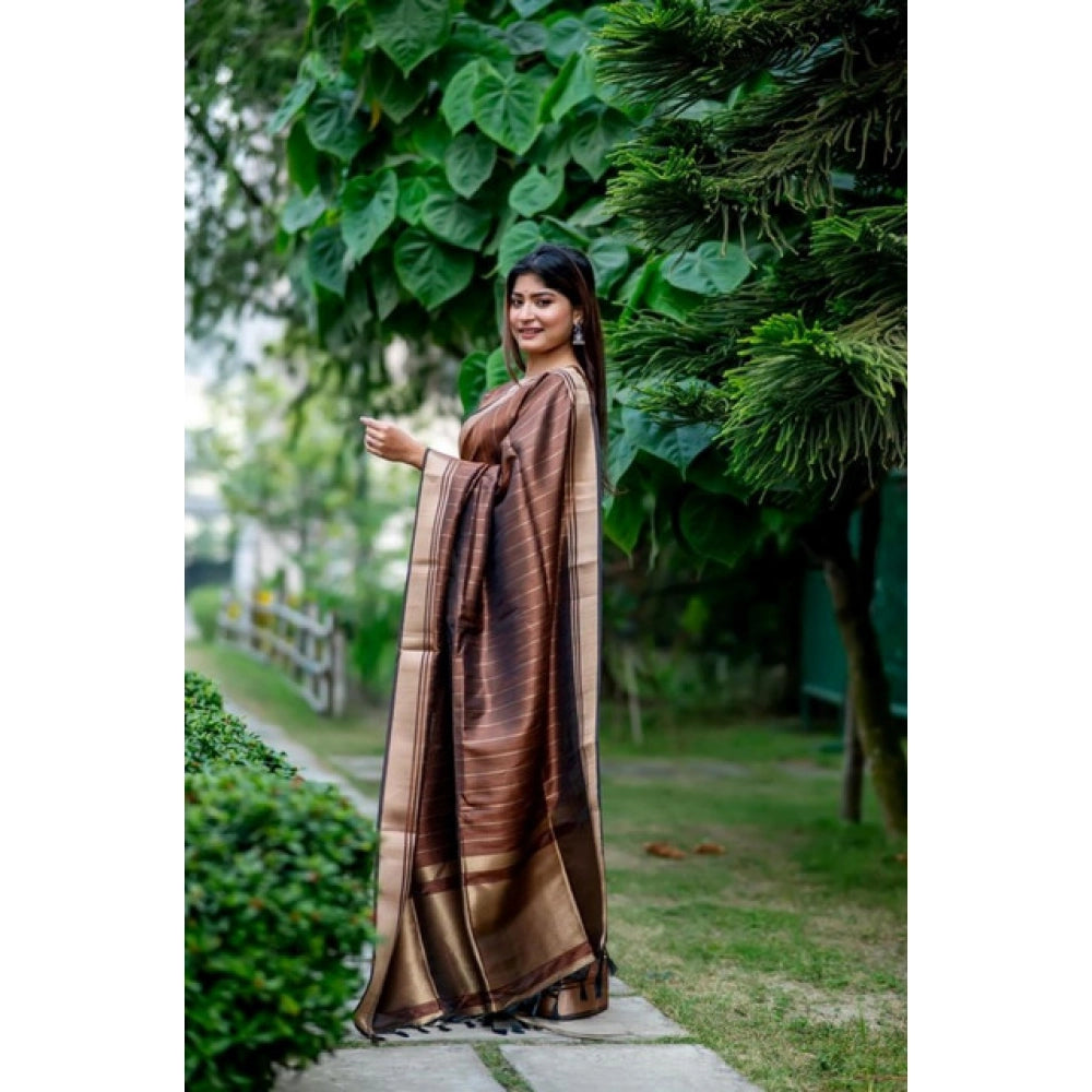 Women's Faux_Banarasi Lining Pattern Saree With Unstitched Blouse 5.5Mtr (Light_Brown)