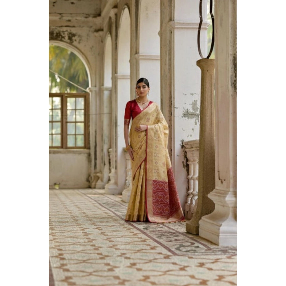 Women's Silk_Blend Ethnic Ikat Pattern Saree With Unstitched Blouse 5.5Mtr (Cream)