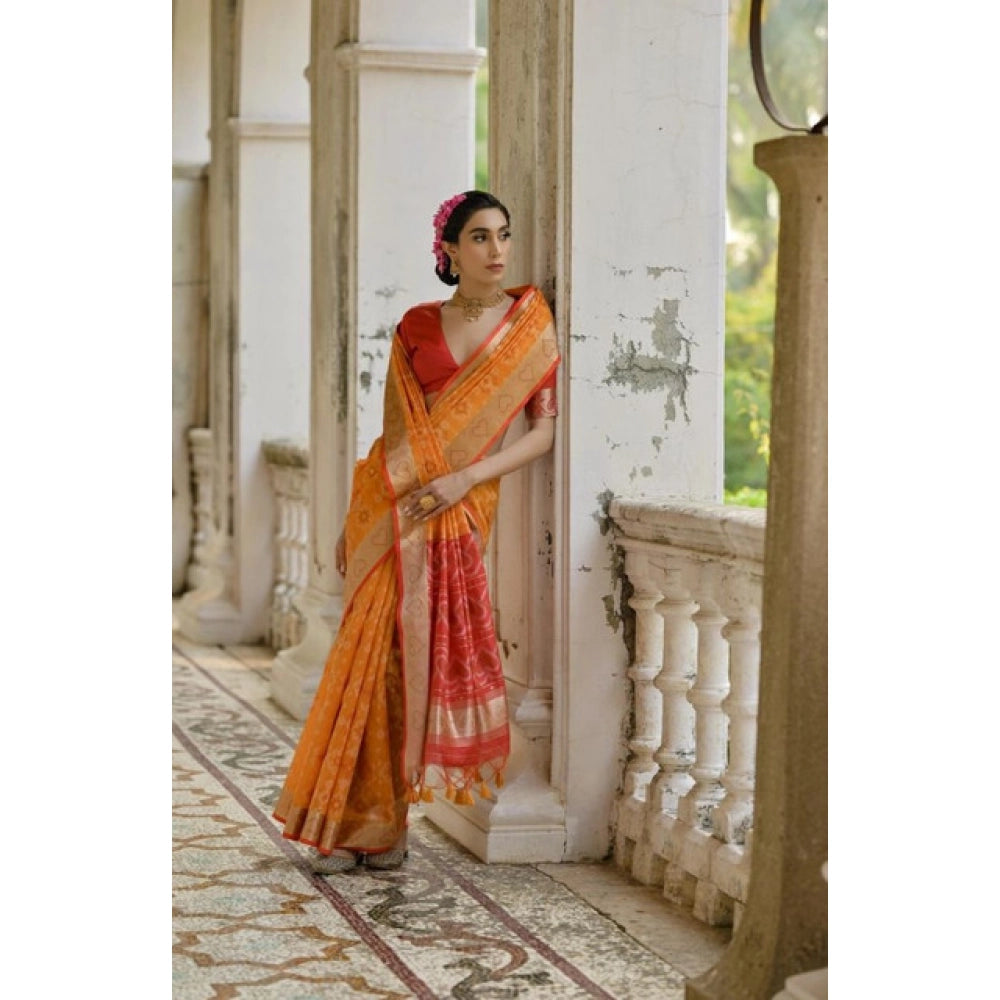 Women's Silk_Blend Ethnic Ikat Pattern Saree With Unstitched Blouse 5.5Mtr (Mustard)