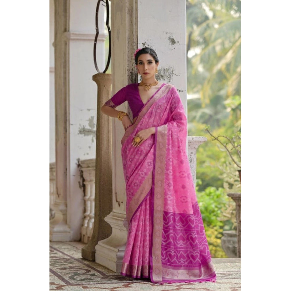 Women's Silk_Blend Ethnic Ikat Pattern Saree With Unstitched Blouse 5.5Mtr (Pink)