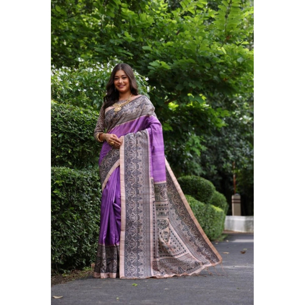 Women's Faux_Tussar Ethnic_Print Saree With Unstitched Blouse 5.5Mtr (Purple)
