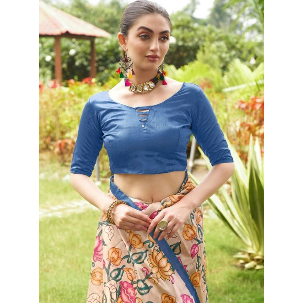 Women's Faux_Tussar Kalamkari_Print Saree With Unstitched Blouse 5.5Mtr (Blue)