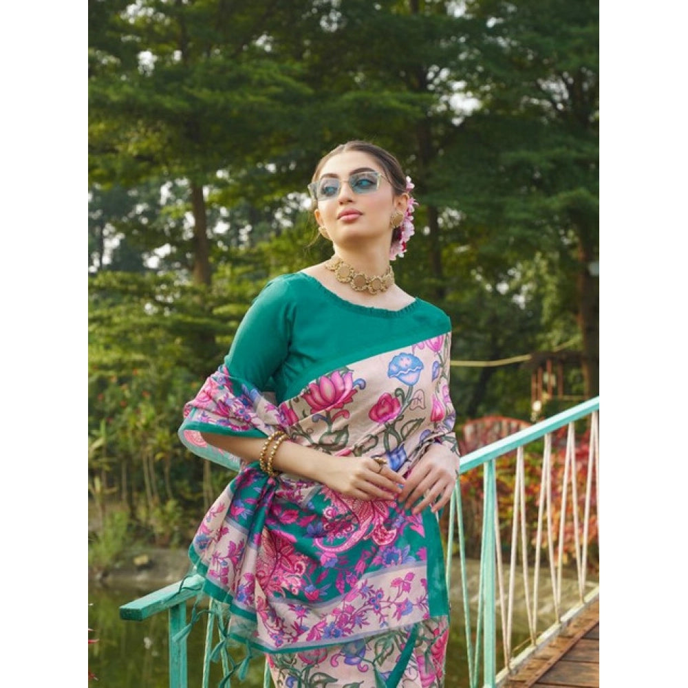 Women's Faux_Tussar Kalamkari_Print Saree With Unstitched Blouse 5.5Mtr (Green)