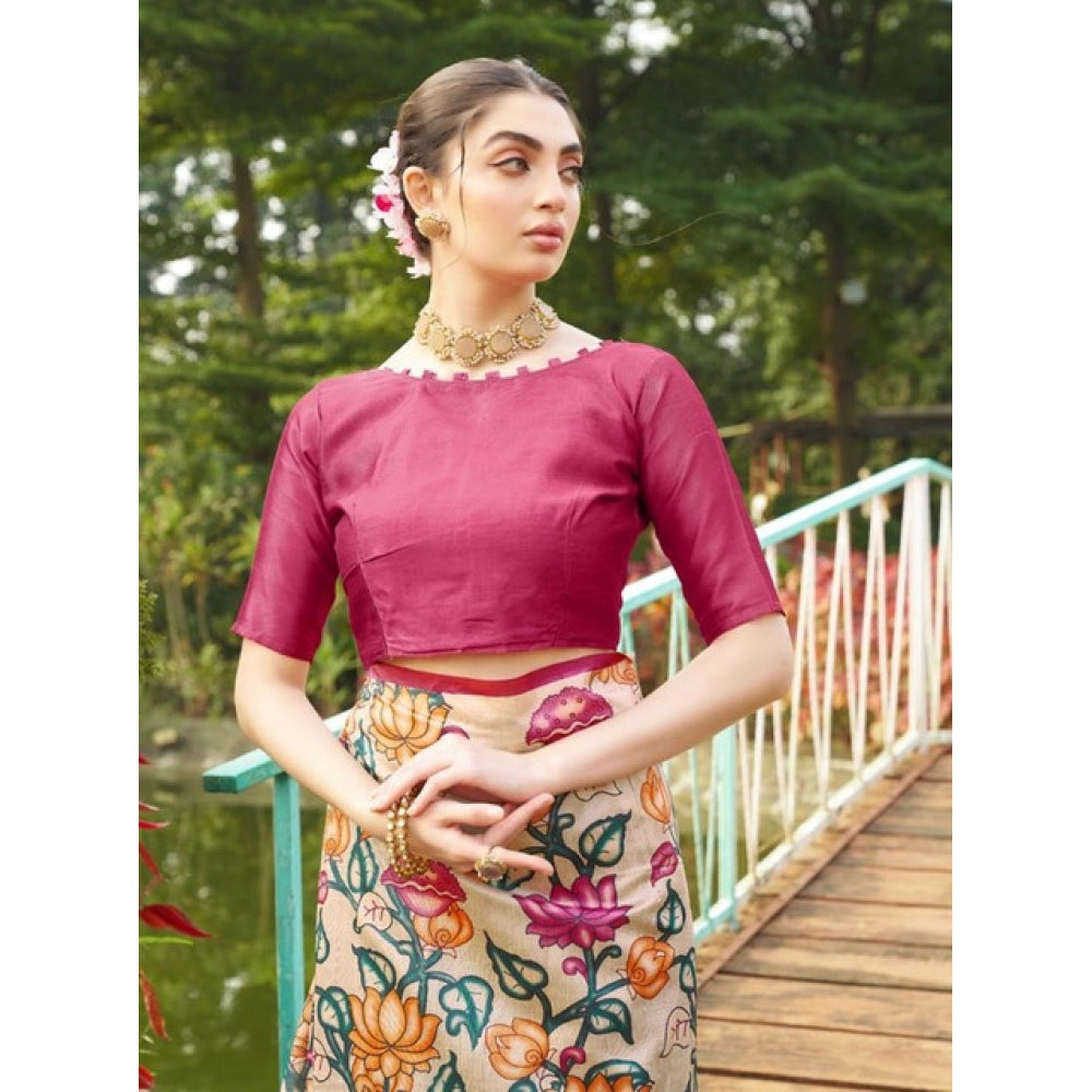 Women's Faux_Tussar Kalamkari_Print Saree With Unstitched Blouse 5.5Mtr (Pink)