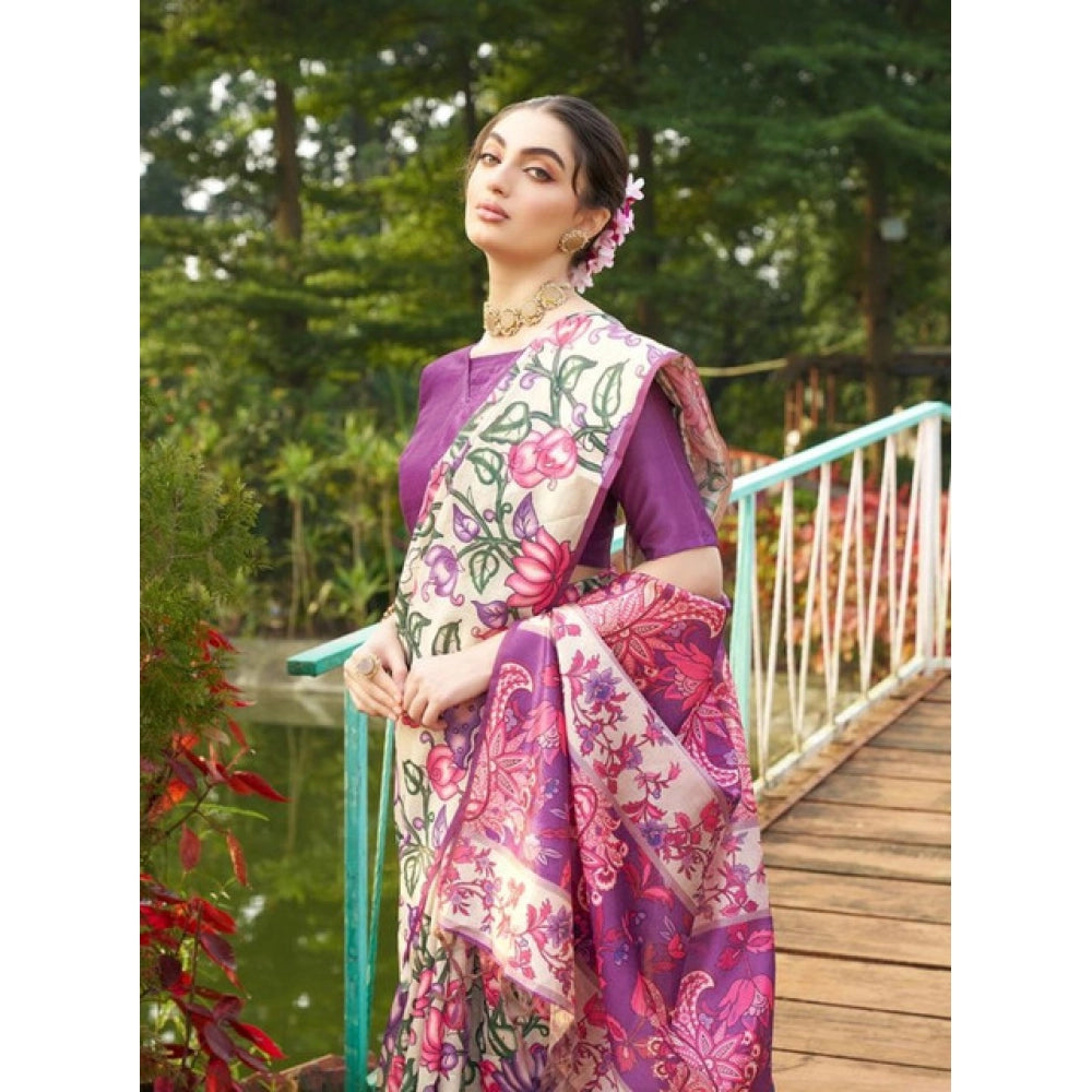 Women's Faux_Tussar Kalamkari_Print Saree With Unstitched Blouse 5.5Mtr (Purple)