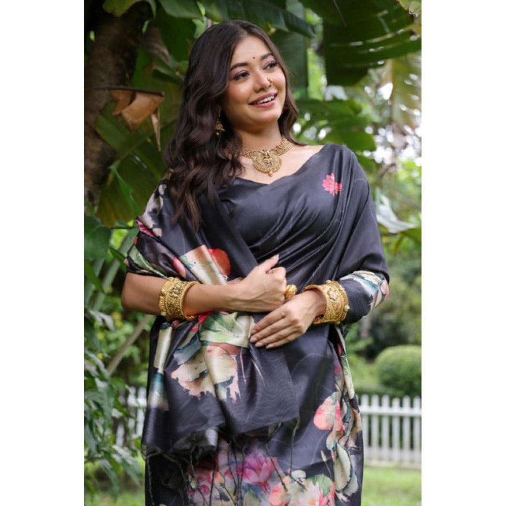 Women's Faux_Tussar Floral Saree With Unstitched Blouse 5.5Mtr (Black)