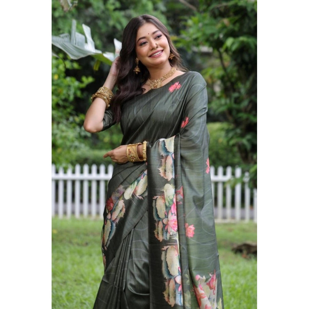 Women's Faux_Tussar Floral Saree With Unstitched Blouse 5.5Mtr (Olive)