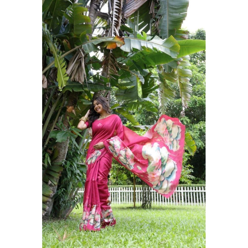 Women's Faux_Tussar Floral Saree With Unstitched Blouse 5.5Mtr (Pink)