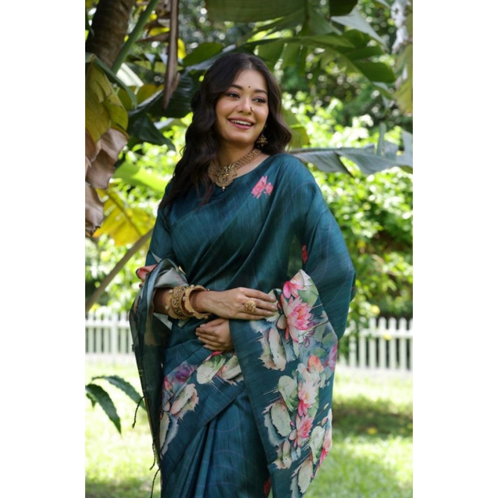 Women's Faux_Tussar Floral Saree With Unstitched Blouse 5.5Mtr (Teal)