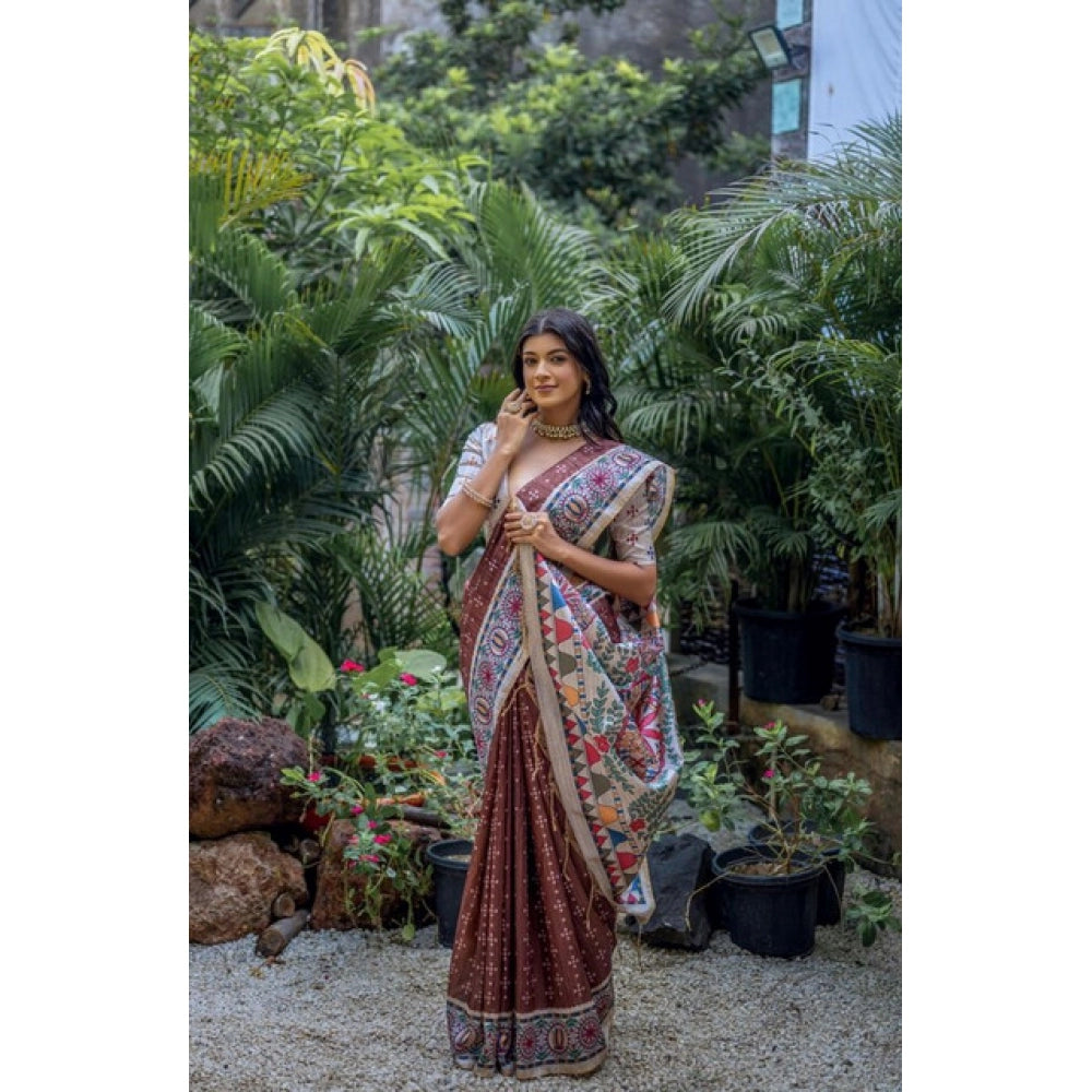 Women's Faux_Tussar Geometric_Print Saree With Unstitched Blouse 5.5Mtr (Coffee)