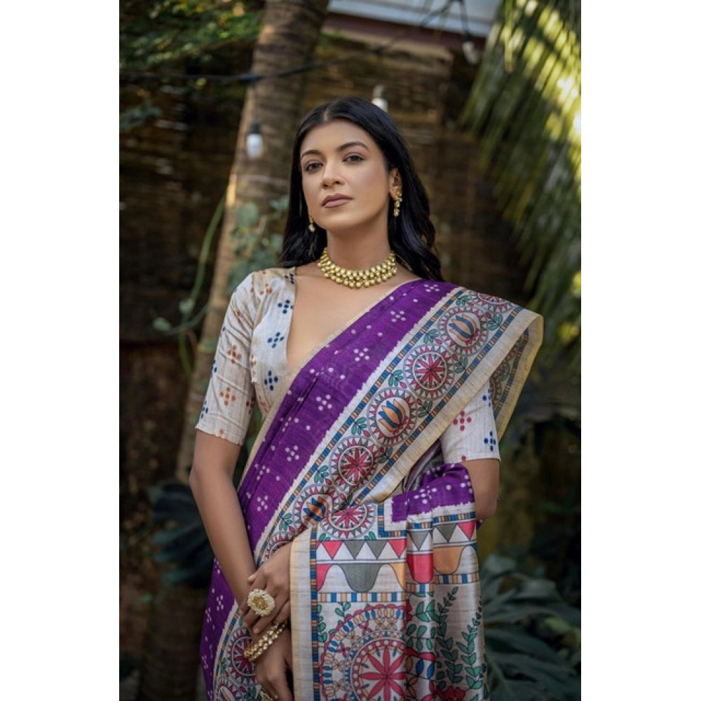 Women's Faux_Tussar Geometric_Print Saree With Unstitched Blouse 5.5Mtr (Purple)