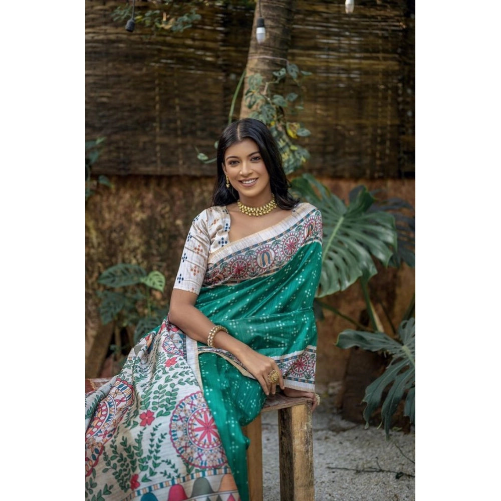 Women's Faux_Tussar Geometric_Print Saree With Unstitched Blouse 5.5Mtr (Rama_Green)