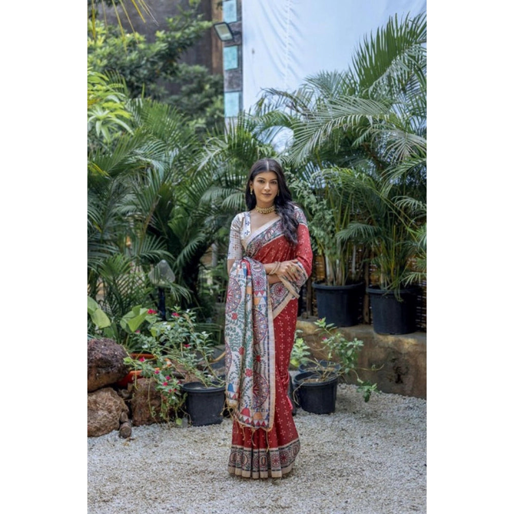 Women's Faux_Tussar Geometric_Print Saree With Unstitched Blouse 5.5Mtr (Red)
