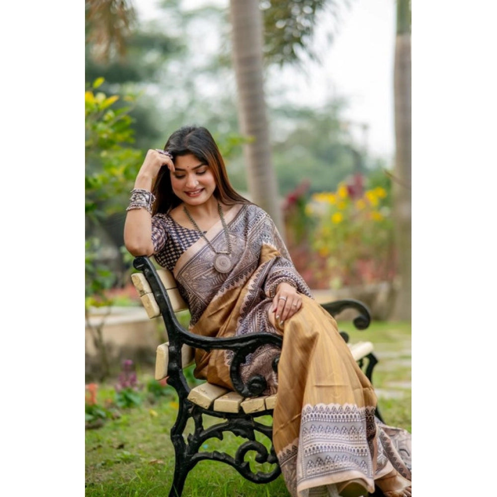 Women's Faux_Tussar Geometric_Print Saree With Unstitched Blouse 5.5Mtr (Mustard)