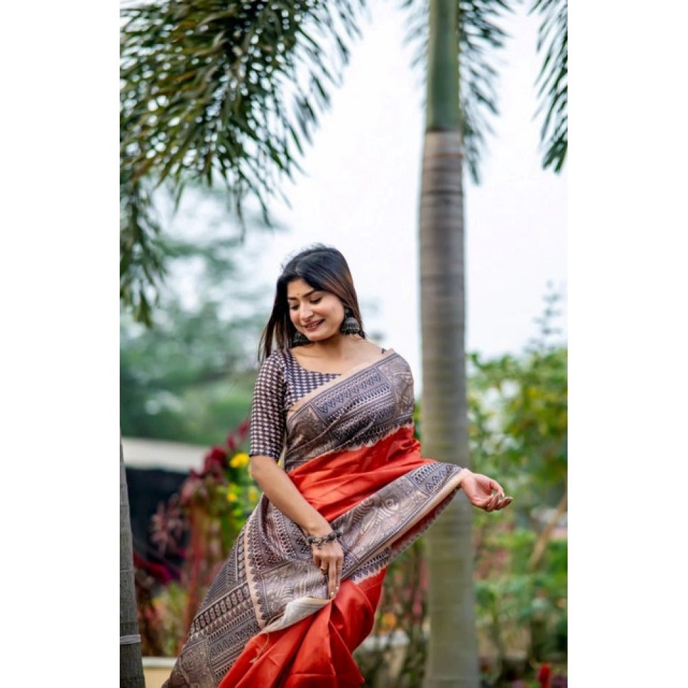Women's Faux_Tussar Geometric_Print Saree With Unstitched Blouse 5.5Mtr (Orange)