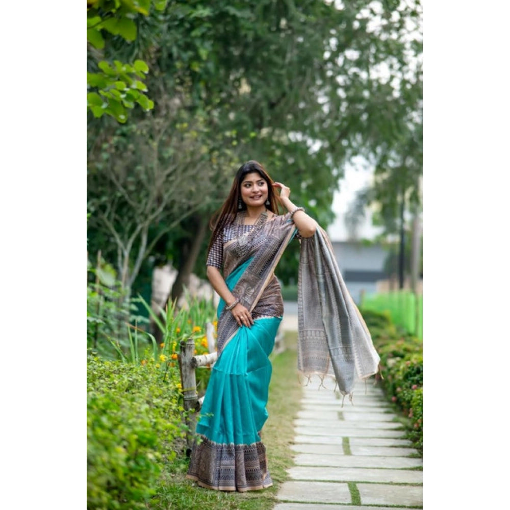 Women's Faux_Tussar Geometric_Print Saree With Unstitched Blouse 5.5Mtr (Rama_Green)