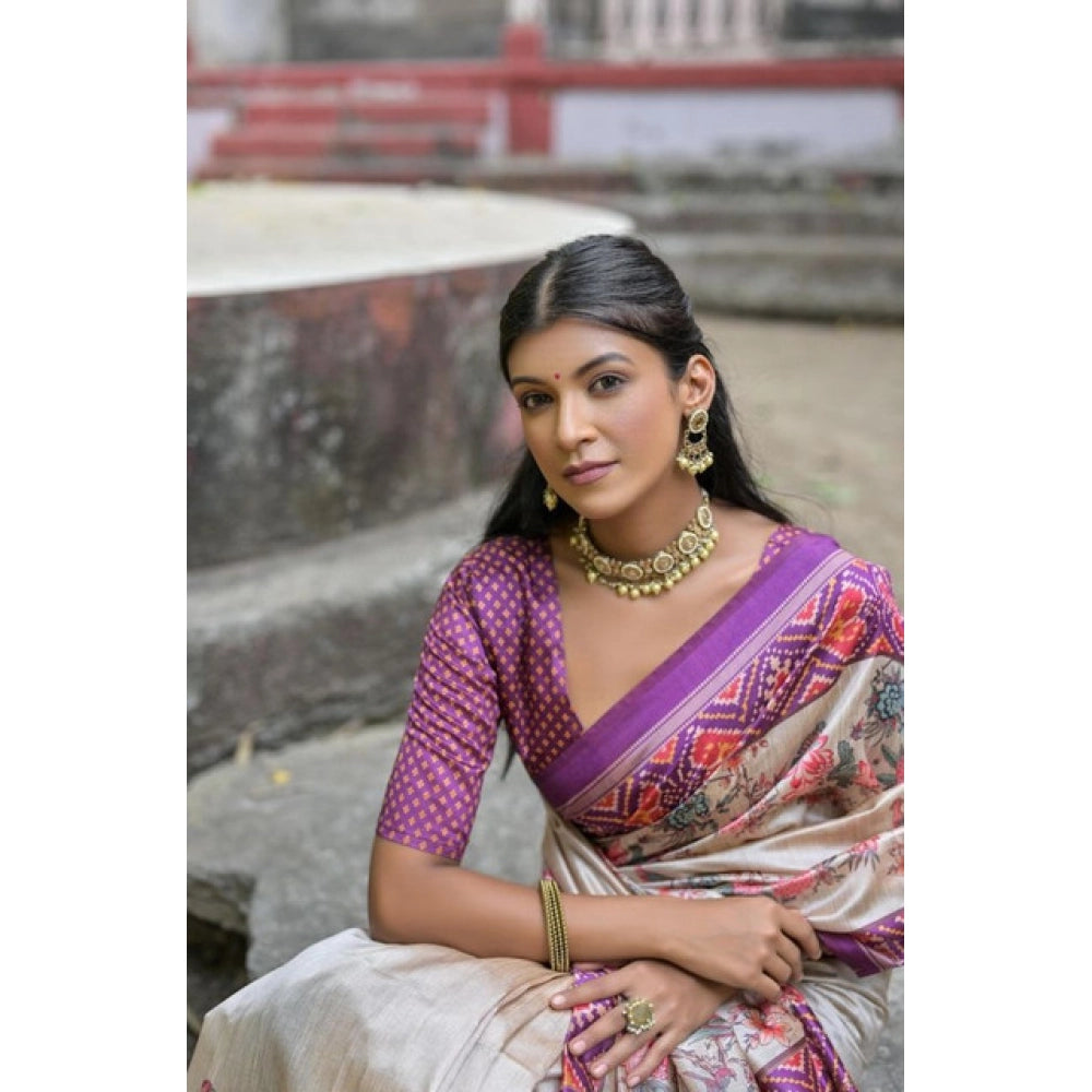 Women's Faux_Tussar Floral Jal With Patola Print Saree With Unstitched Blouse 5.5Mtr (Lavender)