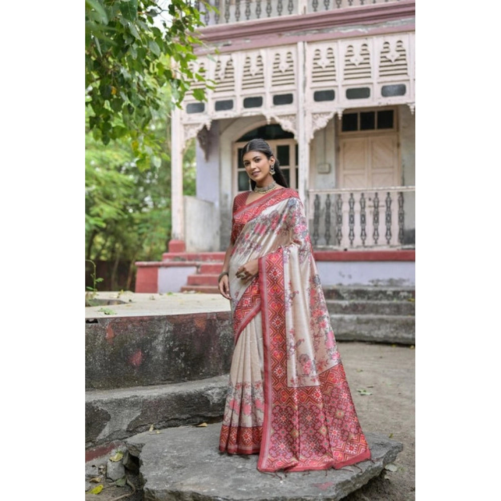 Women's Faux_Tussar Floral Jal With Patola Print Saree With Unstitched Blouse 5.5Mtr (Maroon)