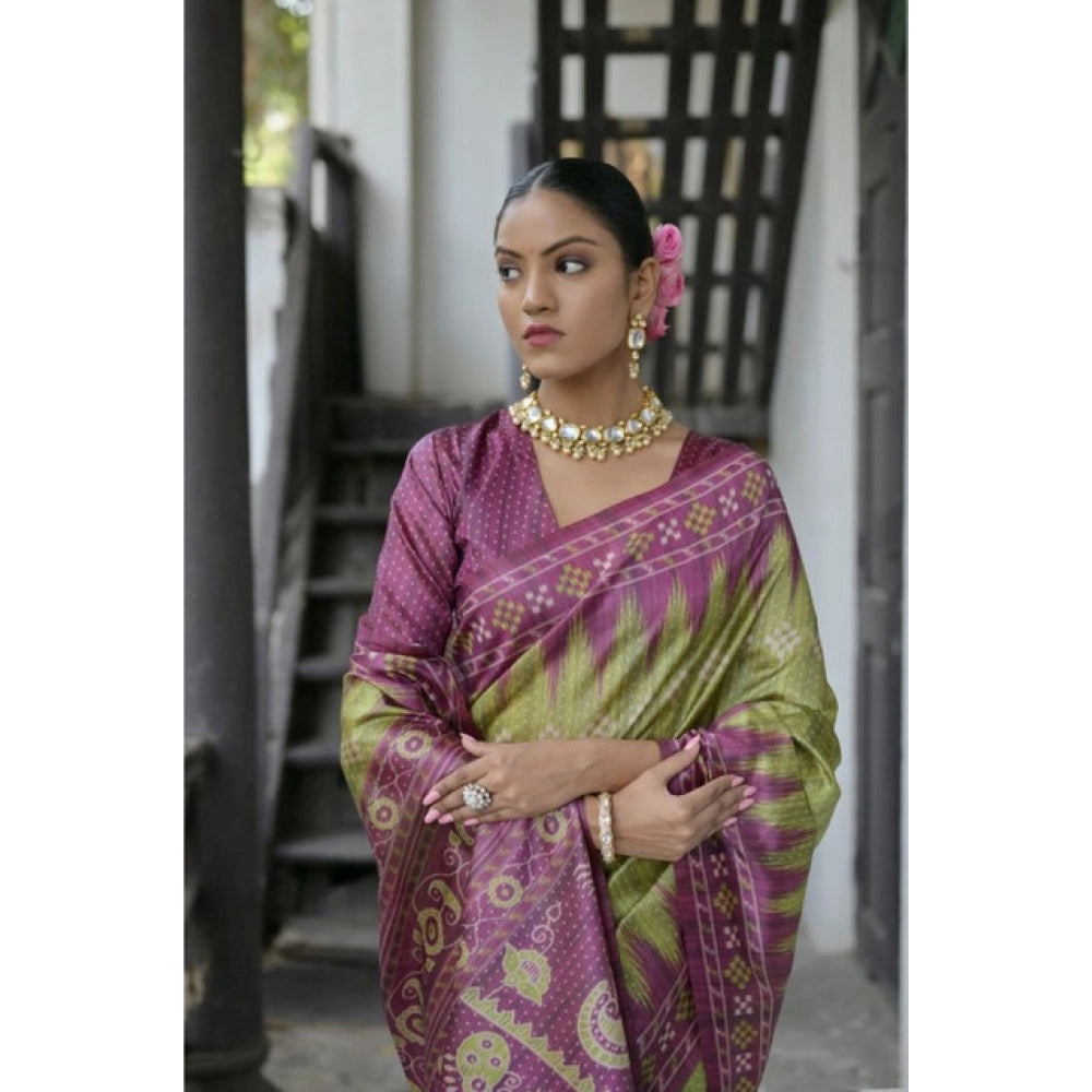 Women's Faux_Tussar Ikat Saree With Unstitched Blouse 5.5Mtr (Green)