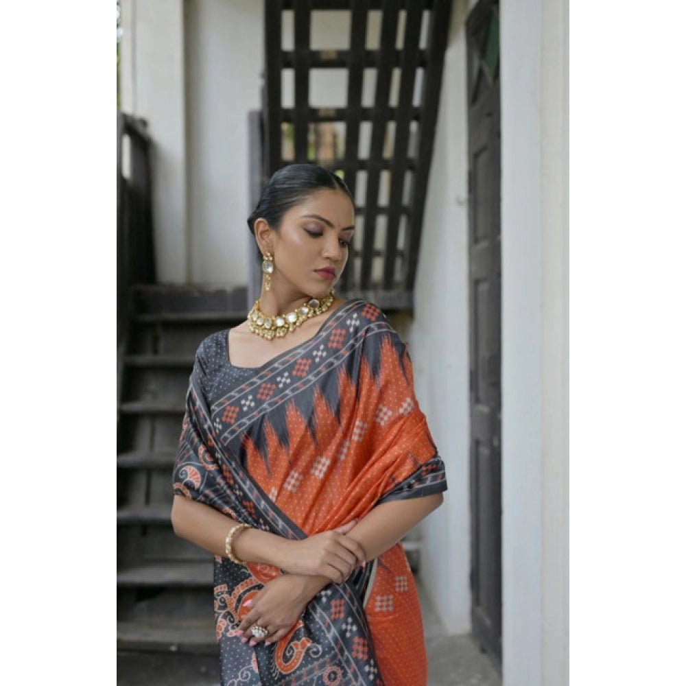 Women's Faux_Tussar Ikat Saree With Unstitched Blouse 5.5Mtr (Orange)