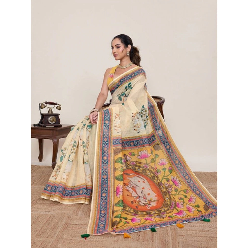Women's Linen Floral Printed Saree With Unstitched Blouse 5.5Mtr (Beige)