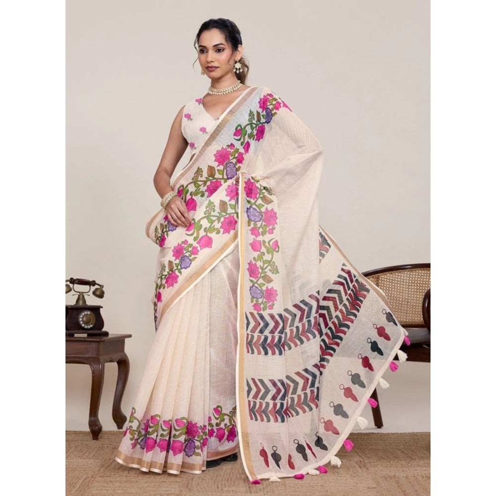 Women's Linen Floral Printed Saree With Unstitched Blouse 5.5Mtr (Cream)