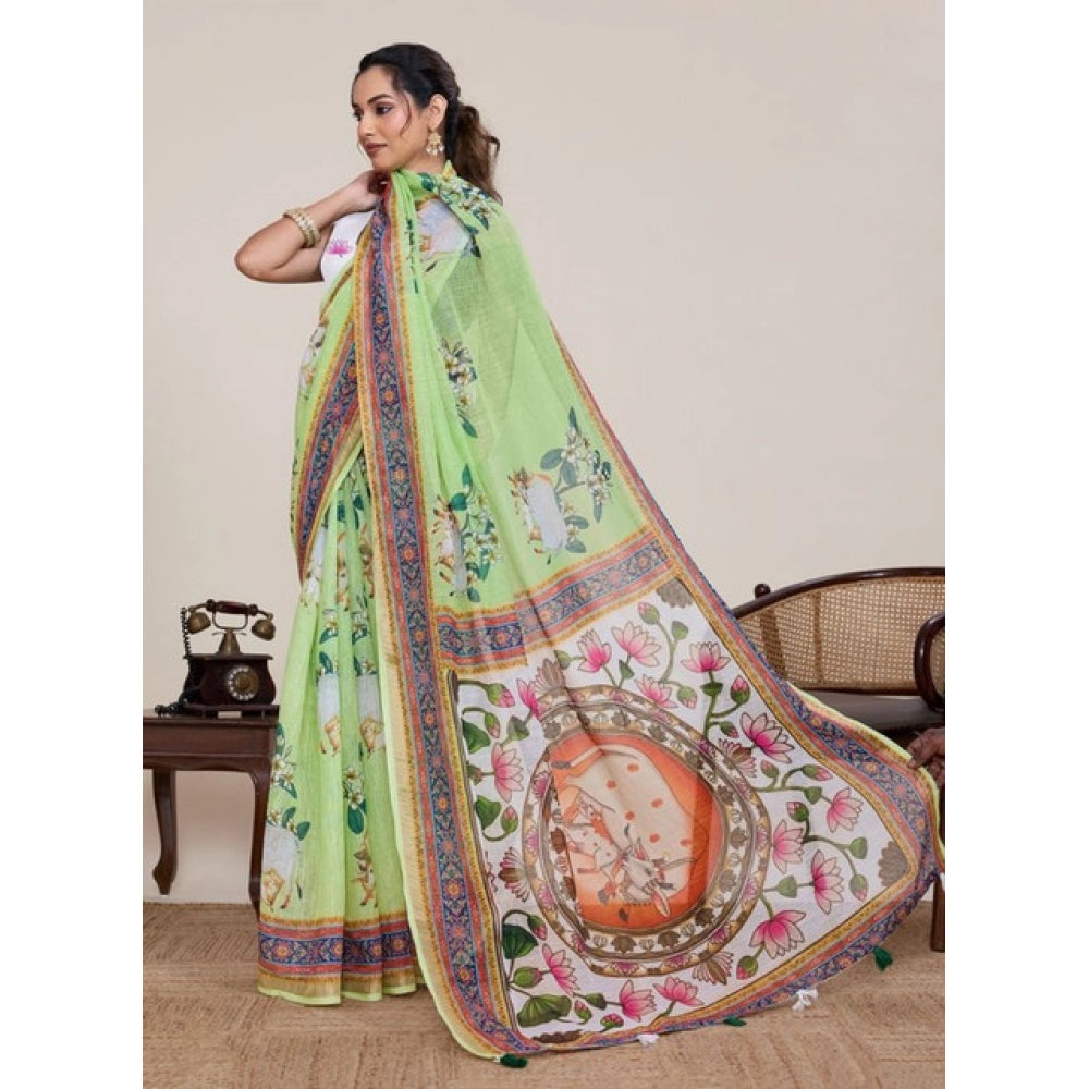 Women's Linen Floral Printed Saree With Unstitched Blouse 5.5Mtr (Light Green)