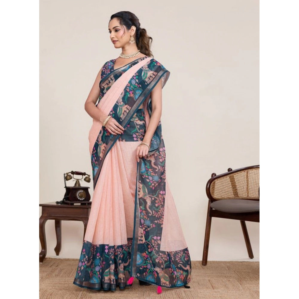 Women's Linen Floral Printed Saree With Unstitched Blouse 5.5Mtr (Peach Pink)