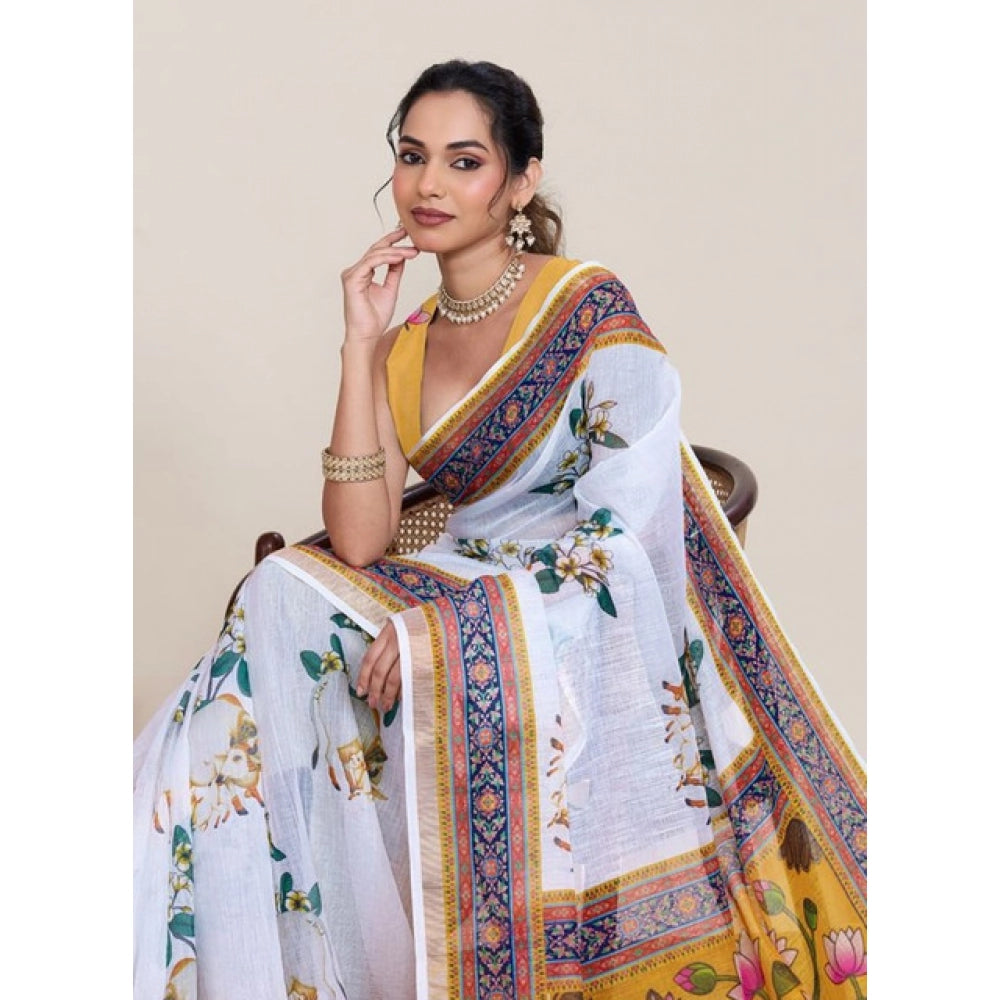 Women's Linen Floral Printed Saree With Unstitched Blouse 5.5Mtr (White)