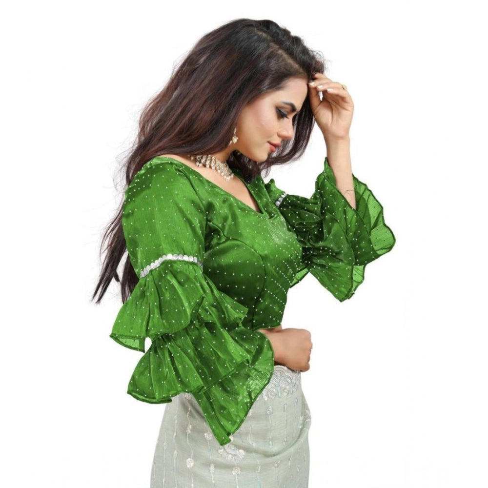 Women's Organza Solid V Neck Layered Ruffle Sleeve Readymade Blouse (Light Green Free Size , up to 38–40 Bust)-PID65852