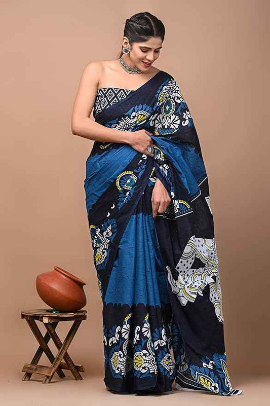 Midnight Kamal Bold Indigo Mulmul Cotton Saree-1