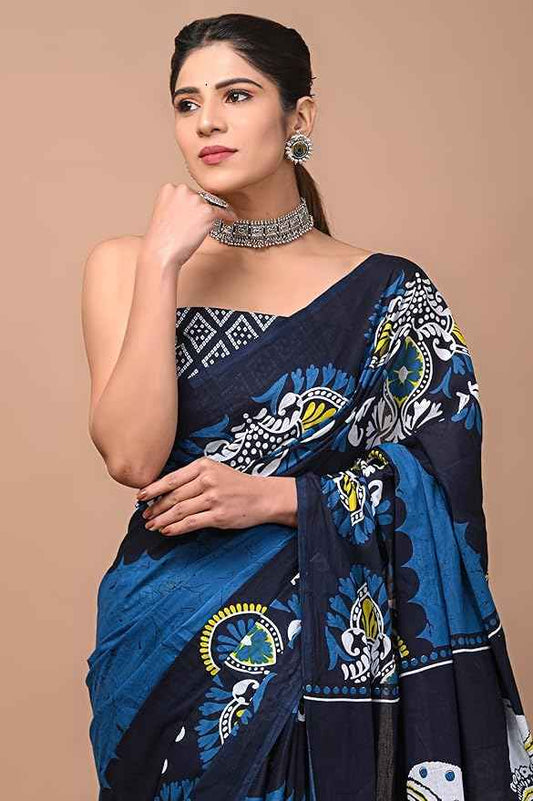 Midnight Kamal Bold Indigo Mulmul Cotton Saree-0