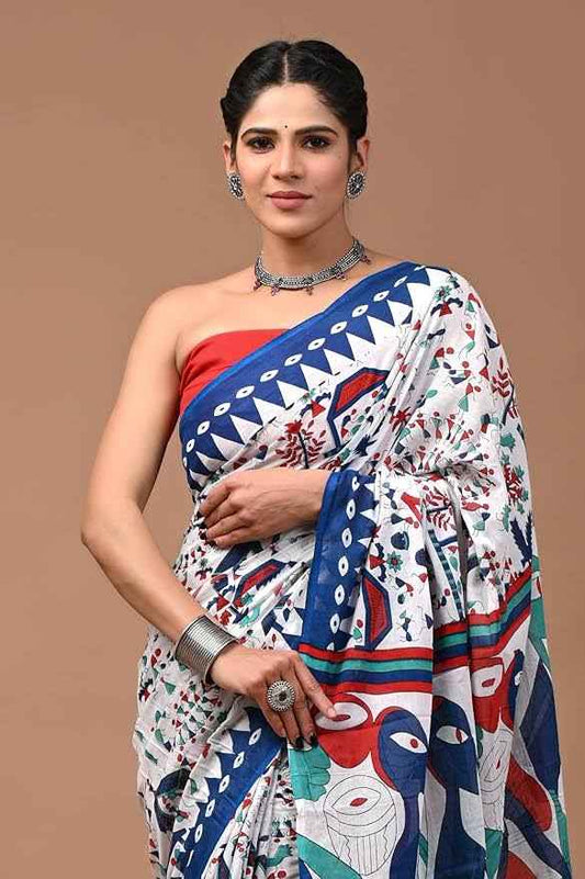 Ranglok Multicolor Tribal Art Mulmul Cotton Saree-1