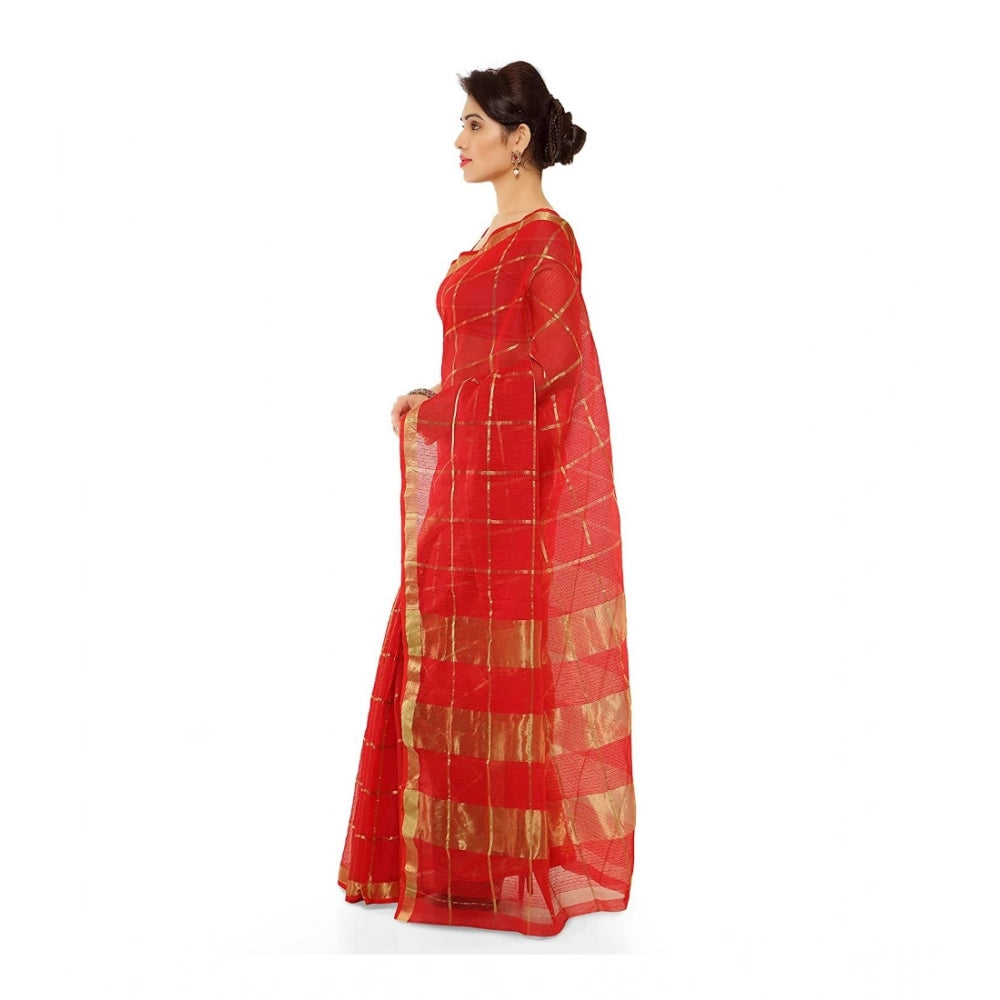 Women's Kota Doria Cotton Saree With Blouse (Red,6-3 Mtrs)