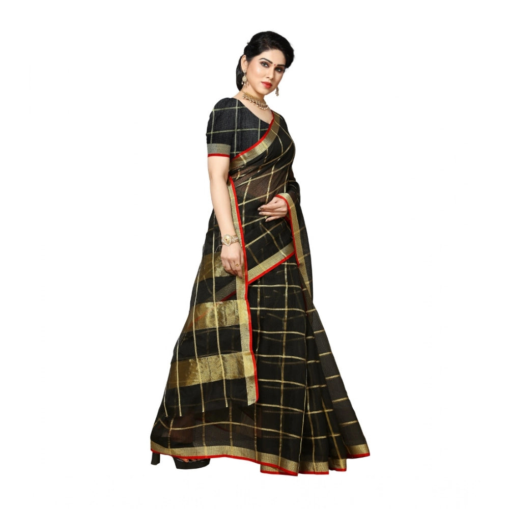 Women's Kota Doria Cotton Saree With Blouse (Black,6-3 Mtrs)